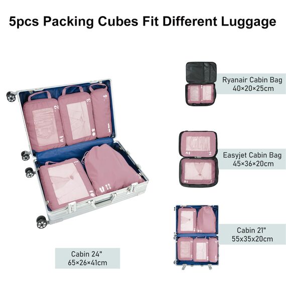 ECOHUB 5 Teilige Kompression Koffer Organizer Set für Rucksack Compression Packing Cubes Packwürfel Kofferorganizer Packtaschen Kleidertaschen für Koffer Reiseorganizer(Rosa)
