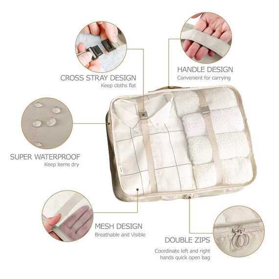 BillyBath Koffer Organizer set, Packing Cubes Kleidertaschen Schuhbeutel Reiseorganizer Packwürfel Kosmetik Travel Organizer Packtaschen für Koffer (8 teilig, Beige)