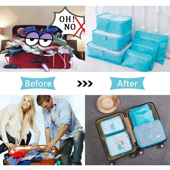 Vicloon Koffer Organizer, 8-in-1-Set Gepäck Organizer, wasserdichte Reise Kleidertaschen umfassen 2 Schuhbeutel, 3 Packwürfel und 3 Aufbewahrungsbeutel, für Kleidung Schuhe Kosmetik - Hellblau