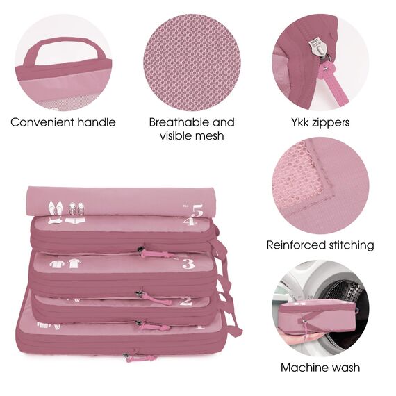 ECOHUB 5 Teilige Kompression Koffer Organizer Set für Rucksack Compression Packing Cubes Packwürfel Kofferorganizer Packtaschen Kleidertaschen für Koffer Reiseorganizer(Rosa)