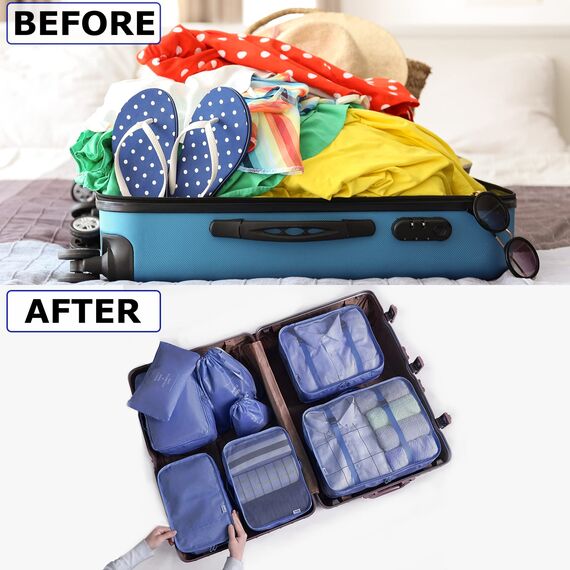 BillyBath Koffer Organizer set, Packing Cubes Kleidertaschen Schuhbeutel Reiseorganizer Packwürfel Kosmetik Travel Organizer Packtaschen für Koffer (8 teilig, Navy)