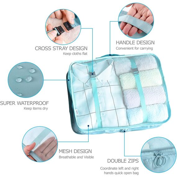 BillyBath Koffer Organizer set, Packing Cubes Kleidertaschen Schuhbeutel Reiseorganizer Packwürfel Kosmetik Travel Organizer Packtaschen für Koffer (8 teilig, Blaugrün)