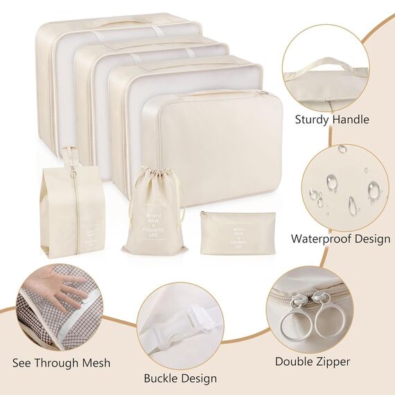 7-Teiliges Koffer Organizer Set - Packing Cubes für Kleidung, Ordnungssystem Mit Kosmetiktasche, Schuhbeutel, Travel Packtaschen (Beige)