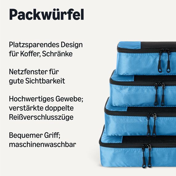 Amazon Essentials 4-teiliges Packwürfel-Reisezubehörset, Gepäckorganizer mit Doppelreißverschluss, Netzoberseite, Polyester, mittelgroß, himmelblau (früher Amazon Basics)