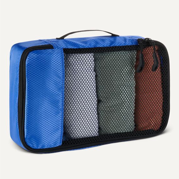 Amazon Essentials 4-teiliges Packwürfel-Reisezubehörset, Gepäckorganizer mit Doppelreißverschluss, Netzoberseite, Polyester, klein/mittel/groß/schmal, blau (früher Amazon Basics)