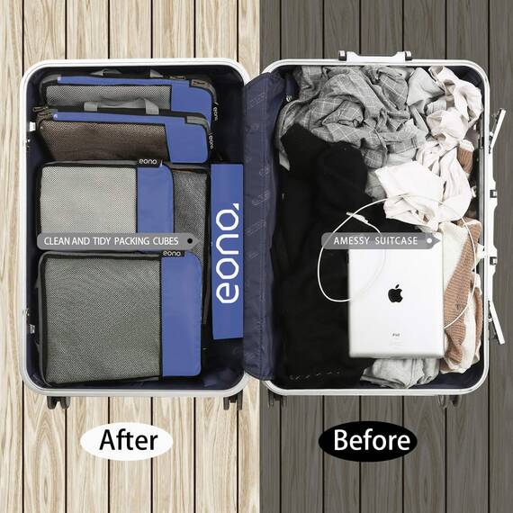 Eono by Amazon - Komprimierbaren Packwürfeln zur Organisation Ihres Reisegepäcks, Compression Packing Cube, Packtaschen Set & Gepäck Organizer für Rucksack & Koffer, Navy, 6-teilig