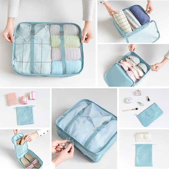 BillyBath Koffer Organizer set, Packing Cubes Kleidertaschen Schuhbeutel Reiseorganizer Packwürfel Kosmetik Travel Organizer Packtaschen für Koffer (8 teilig, Blaugrün)