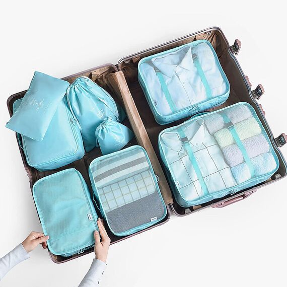 BillyBath Koffer Organizer set, Packing Cubes Kleidertaschen Schuhbeutel Reiseorganizer Packwürfel Kosmetik Travel Organizer Packtaschen für Koffer (8 teilig, Blaugrün)