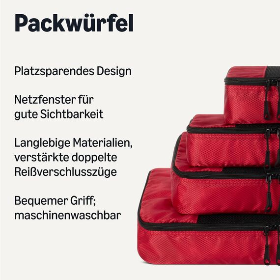 Amazon Essentials 4-teiliges Packwürfel-Reisezubehörset, Gepäckorganizer mit doppeltem Reißverschluss, Netzoberseite, Polyester, klein/mittel/groß/schmal, rot (früher Amazon Basics)