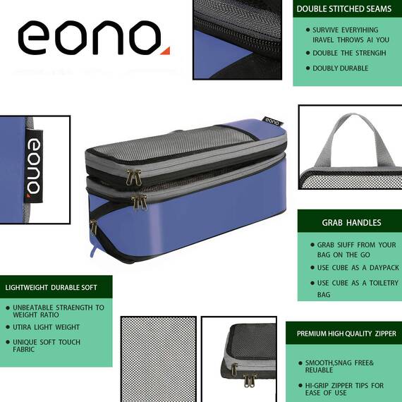 Eono by Amazon - Komprimierbaren Packwürfeln zur Organisation Ihres Reisegepäcks, Compression Packing Cube, Packtaschen Set & Gepäck Organizer für Rucksack & Koffer, Navy, 6-teilig