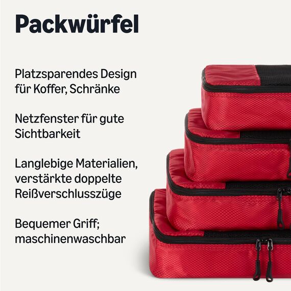 Amazon Essentials 4-teiliges Packwürfel-Reisezubehörset, Gepäckorganizer mit doppeltem Reißverschluss, Netzoberseite, Polyester, mittelgroß, rot (früher Amazon Basics)