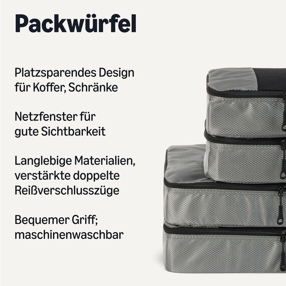 Amazon Essentials 4-teiliges Packwürfel-Reisezubehörset, Gepäckorganizer mit Doppelreißverschluss, Netzoberseite, 100% Polyester, 2 große und 2 mittlere Würfel, grau (früher Amazon Basics)
