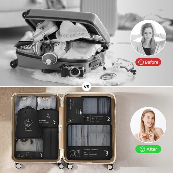 Koffer Organizer Set, 7 Stück Packing Cubes, Packwürfel für Koffer, Packing Cubes Compression als Rucksack Organizer - Travel Packtaschen Reise - Camping Zubehör & Wander Ausrüstung(Schwarz)