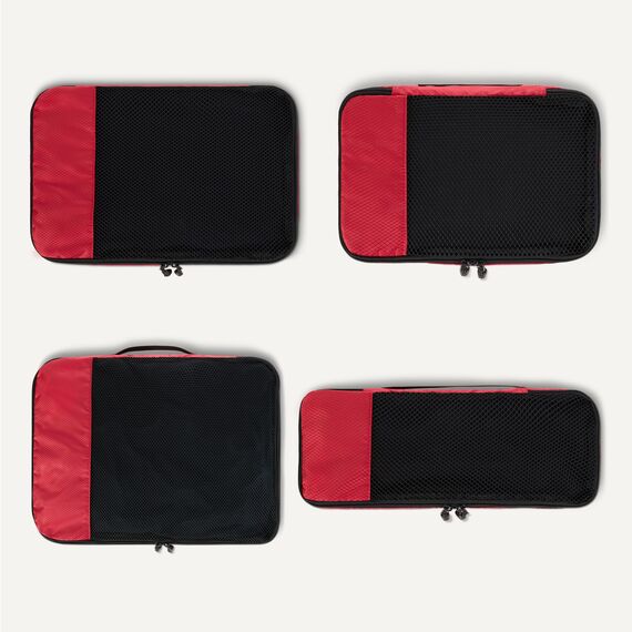 Amazon Essentials 4-teiliges Packwürfel-Reisezubehörset, Gepäckorganizer mit doppeltem Reißverschluss, Netzoberseite, Polyester, klein/mittel/groß/schmal, rot (früher Amazon Basics)