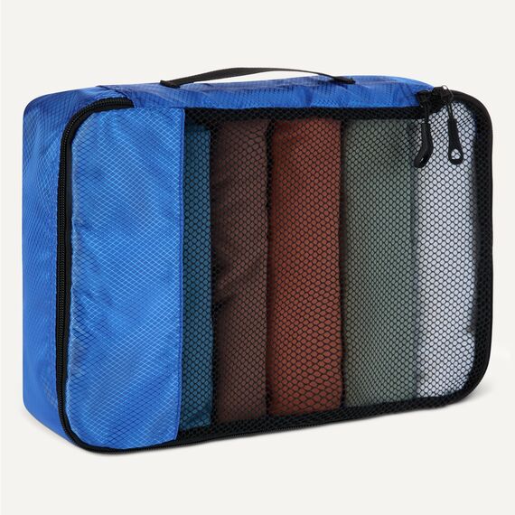 Amazon Essentials 4-teiliges Packwürfel-Reisezubehörset, Gepäckorganizer mit Doppelreißverschluss, Netzoberseite, Polyester, 2 mittelgroße/2 große, blau (früher Amazon Basics)