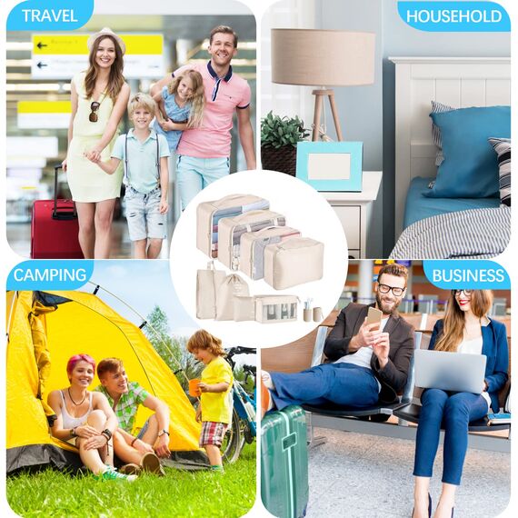 Jsdoin Koffer Organizer Set 9-teilig, Wasserdichte Reise Kleidertaschen, Packtaschen für koffer, Verpackungswürfel mit Kosmetiktasche, Schuhbeutel, Packing Cubes,Reisezubehör (Beige, 9 Pcs)