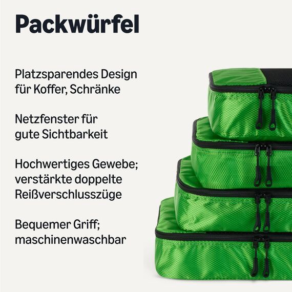 Amazon Essentials 4-teiliges Packwürfel-Reisezubehörset, Gepäckorganizer mit Doppelreißverschluss, Netzoberseite, Polyester, mittelgroß, grün (früher Amazon Basics)