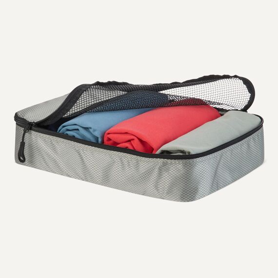 Amazon Essentials 4-teiliges Packwürfel-Reisezubehörset, Gepäckorganizer mit Doppelreißverschluss, Netzoberseite, 100% Polyester, mittelgroß, grau (früher Amazon Basics)