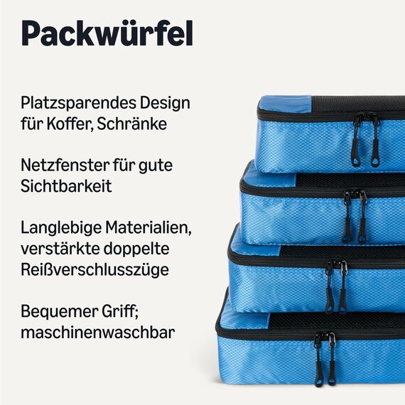 Amazon Essentials 4-teiliges Packwürfel-Reisezubehörset, Gepäckorganizer mit doppeltem Reißverschluss, Netzoberseite, Polyester, klein, himmelblau (früher Amazon Basics)