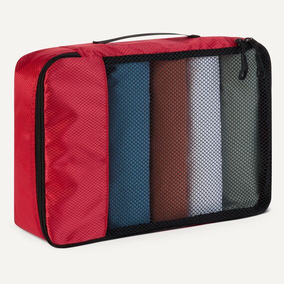 Amazon Essentials 4-teiliges Packwürfel-Reisezubehörset, Gepäckorganizer mit doppeltem Reißverschluss, Netzoberseite, Polyester, mittelgroß, rot (früher Amazon Basics)