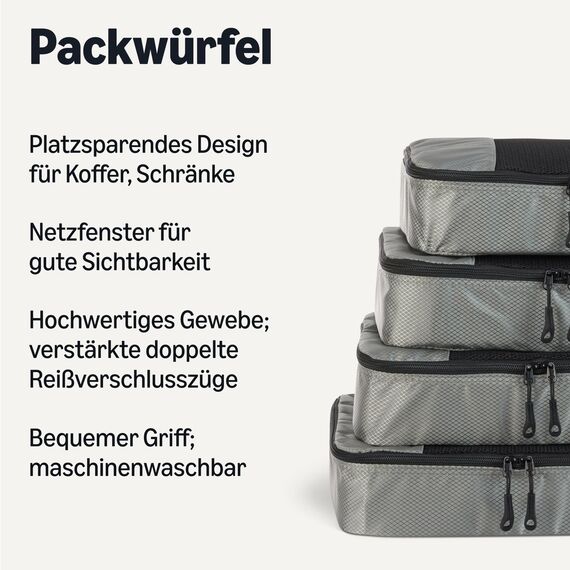 Amazon Essentials 4-teiliges Packwürfel-Reisezubehörset, Gepäckorganizer mit Doppelreißverschluss, Netzoberseite, 100% Polyester, mittelgroß, grau (früher Amazon Basics)