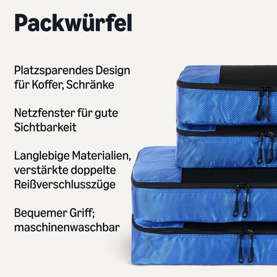 Amazon Essentials 4-teiliges Packwürfel-Reisezubehörset, Gepäckorganizer mit Doppelreißverschluss, Netzoberseite, Polyester, 2 mittelgroße/2 große, blau (früher Amazon Basics)