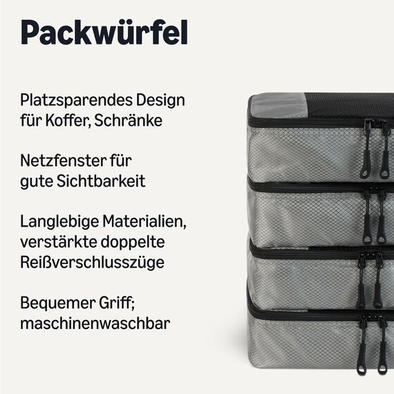 Amazon Essentials 4-teiliges Packwürfel-Reisezubehörset, Gepäckorganizer mit Doppelreißverschluss, Netzoberseite, Polyester, klein, grau (früher Amazon Basics)