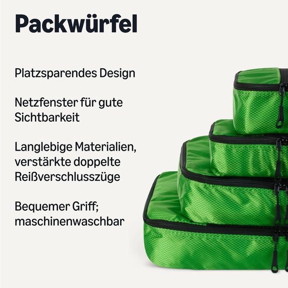Amazon Essentials 4-teiliges Packwürfel-Reisezubehörset, Gepäckorganizer mit Doppelreißverschluss, Netzoberseite, Polyester, klein/mittel/groß/schmal, grün (früher Amazon Basics)