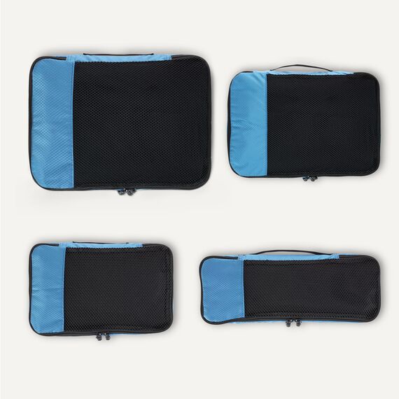 Amazon Essentials 4-teiliges Packwürfel-Reisezubehörset, Gepäckorganizer mit doppeltem Reißverschluss, Netzoberseite, 100% Polyester, klein/mittel/groß/schmal, himmelblau (früher Amazon Basics)