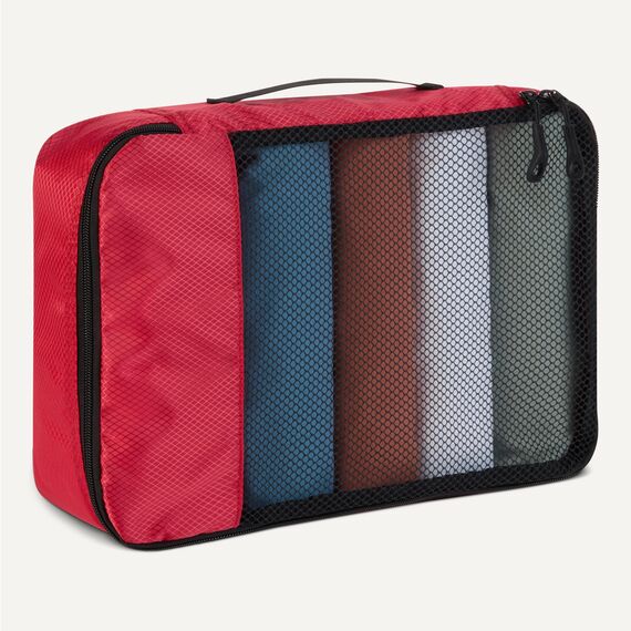 Amazon Essentials 4-teiliges Packwürfel-Reisezubehörset, Gepäckorganizer mit doppeltem Reißverschluss, Netzoberseite, Polyester, klein/mittel/groß/schmal, rot (früher Amazon Basics)