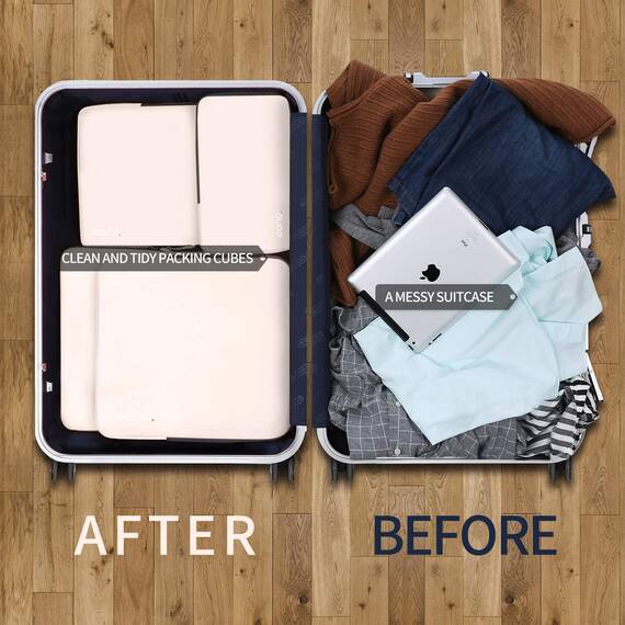 Eono by Amazon - Komprimierbaren Packwürfeln zur Organisation Ihres Reisegepäcks, Compression Packing Cube, Packtaschen Set & Gepäck Organizer für Rucksack & Koffer, Beige, 4-teilig