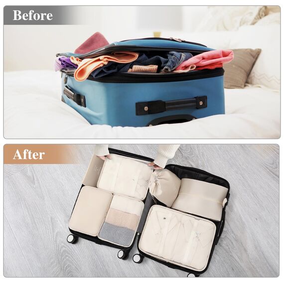 7-Teiliges Koffer Organizer Set - Packing Cubes für Kleidung, Ordnungssystem Mit Kosmetiktasche, Schuhbeutel, Travel Packtaschen (Beige)