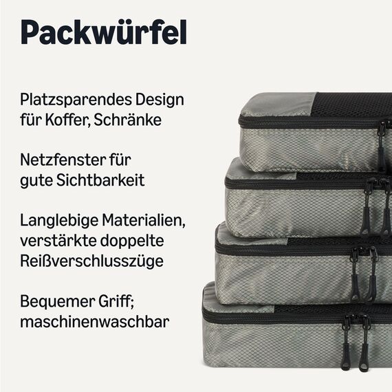 Amazon Basics Packwürfel Set für Koffer, Reise Organizer, Reißverschluss, 4 Teilig, Schmal, Grau