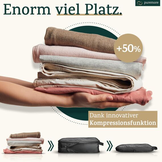 puremore® Premium Packing Cubes Compression inkl. Schuhtasche I maximaler Platz & Ordnung auf Reisen I Packwürfel Kompression I Kompression Packwürfel Rucksack & Koffer