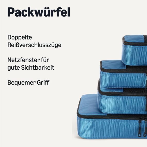 Amazon Essentials 4-teiliges Packwürfel-Reisezubehörset, Gepäckorganizer mit doppeltem Reißverschluss, Netzoberseite, 100% Polyester, klein/mittel/groß/schmal, himmelblau (früher Amazon Basics)