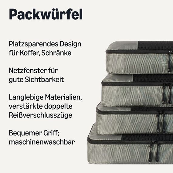 Amazon Essentials 4-teiliges Packwürfel-Reisezubehörset, Gepäckorganizer mit Doppelreißverschluss, Netzoberseite, 100% Polyester, groß, grau (früher Amazon Basics)