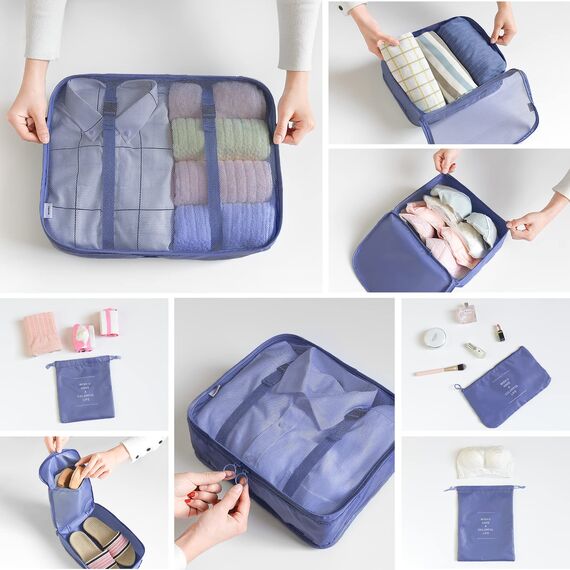 BillyBath Koffer Organizer set, Packing Cubes Kleidertaschen Schuhbeutel Reiseorganizer Packwürfel Kosmetik Travel Organizer Packtaschen für Koffer (8 teilig, Navy)