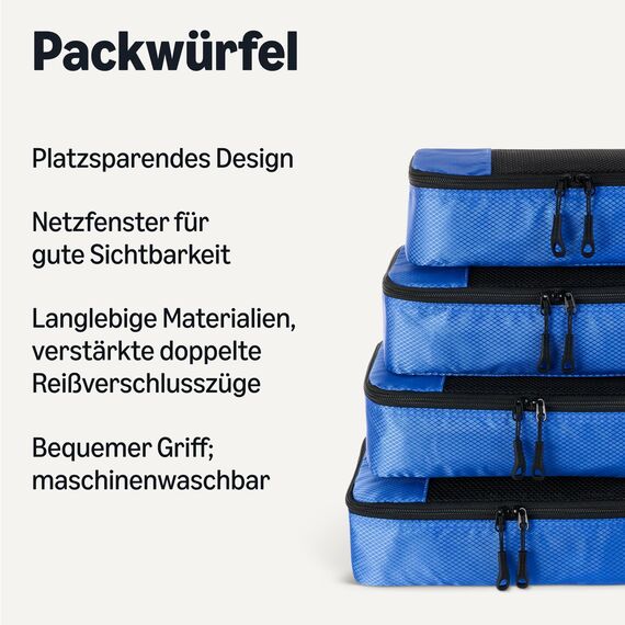 Amazon Essentials 4-teiliges Packwürfel-Reisezubehörset, Gepäckorganizer mit Doppelreißverschluss, Netzoberseite, Polyester, klein/mittel/groß/schmal, blau (früher Amazon Basics)