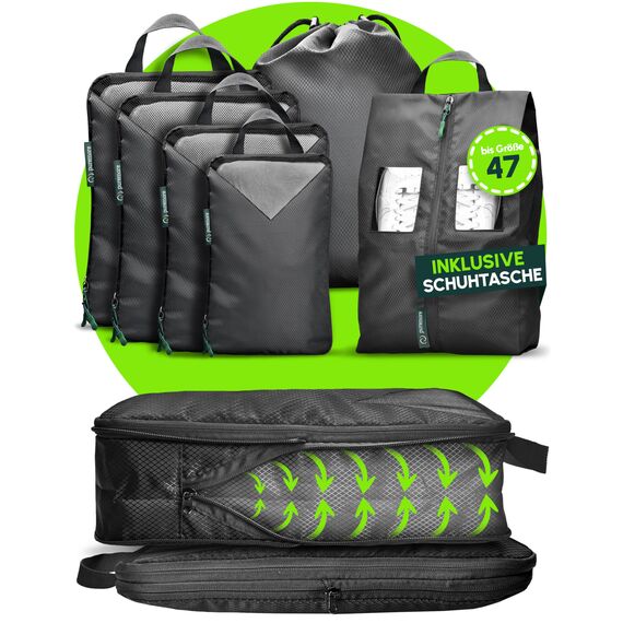 puremore® Premium Packing Cubes Compression inkl. Schuhtasche I maximaler Platz & Ordnung auf Reisen I Packwürfel Kompression I Kompression Packwürfel Rucksack & Koffer