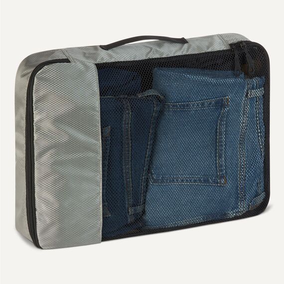 Amazon Essentials 4-teiliges Packwürfel-Reisezubehörset, Gepäckorganizer mit Doppelreißverschluss, Netzoberseite, 100% Polyester, groß, grau (früher Amazon Basics)