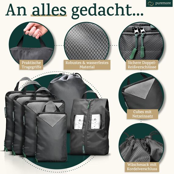 puremore® Premium Packing Cubes Compression inkl. Schuhtasche I maximaler Platz & Ordnung auf Reisen I Packwürfel Kompression I Kompression Packwürfel Rucksack & Koffer