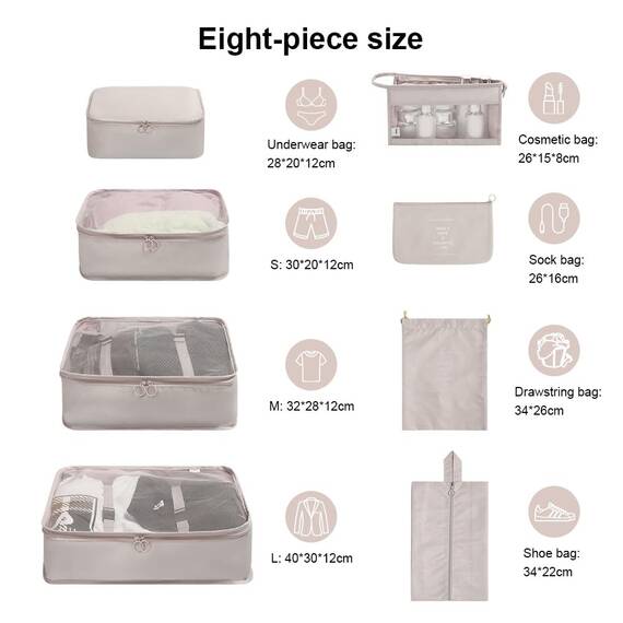 OSDUE Koffer Organizer Set 8-teilig, Packing Cubes, Wasserdichte Reise Kleidertaschen, Packtaschen für koffer, Verpackungswürfel mit Kosmetiktasche, Schuhbeutel, USB Kabel Tasche (Beige)