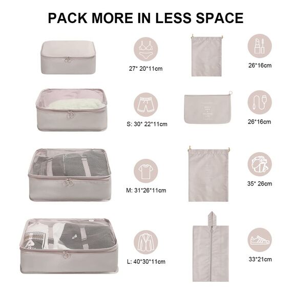 OSDUE Koffer Organizer Set 8-teilig, Packing Cubes, Wasserdichte Reise Kleidertaschen, Packtaschen für koffer, Verpackungswürfel mit Schuhbeutel, USB Kabel Tasche (Cremeweiß)