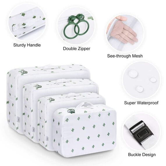 8 Teilige Packing Cubes, Kleidertaschen, Koffer Organizer für Urlaub und Reisen, Packwürfel Set Reise Würfel, Ordnungssystem für Koffer - Kaktus