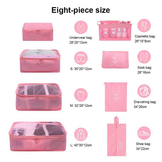 OSDUE Koffer Organizer Set 8-teilig, Packing Cubes, Wasserdichte Reise Kleidertaschen, Packtaschen für koffer, Verpackungswürfel mit Kosmetiktasche, Schuhbeutel, USB Kabel Tasche (Rosa)