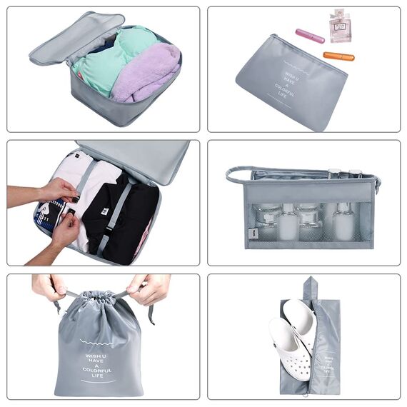 OSDUE Koffer Organizer Set 8-teilig, Packing Cubes, Wasserdichte Reise Kleidertaschen, Packtaschen für koffer, Verpackungswürfel mit Kosmetiktasche, Schuhbeutel, USB Kabel Tasche (Grau)