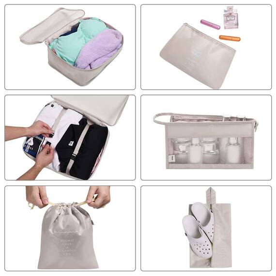 OSDUE Koffer Organizer Set 8-teilig, Packing Cubes, Wasserdichte Reise Kleidertaschen, Packtaschen für koffer, Verpackungswürfel mit Kosmetiktasche, Schuhbeutel, USB Kabel Tasche (Beige)