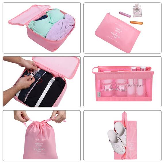 OSDUE Koffer Organizer Set 8-teilig, Packing Cubes, Wasserdichte Reise Kleidertaschen, Packtaschen für koffer, Verpackungswürfel mit Kosmetiktasche, Schuhbeutel, USB Kabel Tasche (Rosa)