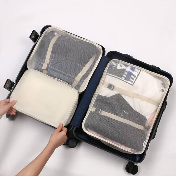 OSDUE Koffer Organizer Set 8-teilig, Packing Cubes, Wasserdichte Reise Kleidertaschen, Packtaschen für koffer, Verpackungswürfel mit Kosmetiktasche, Schuhbeutel, USB Kabel Tasche (Beige)