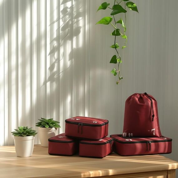 ECOHUB Packwürfel für Koffer, 7 Stück, Reise-Organizer, Verpackungstaschen, recyceltes PET, umweltfreundlich, Reisezubehör, Schuhtaschen für Reisen, Aufbewahrungstasche, Taschen, Reisetasche (rot)